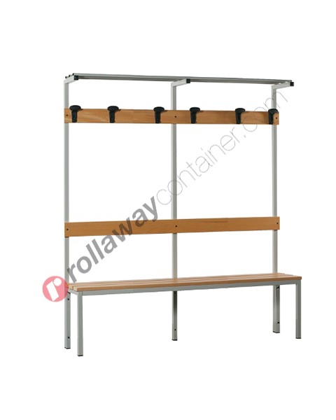 Umkleidebank aus Stahl mit Holzleiste und Hakenleiste 4-Sitzer
