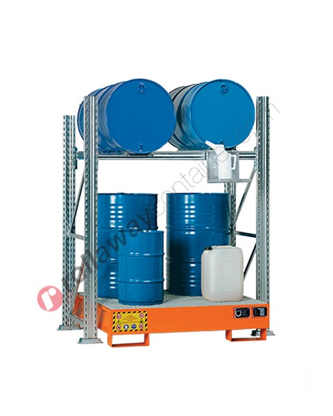 Gefahrstoffregal mit Auffangwanne für 2 Fässer 200 lt horizontal und 2 Fässer 200 lt vertikal