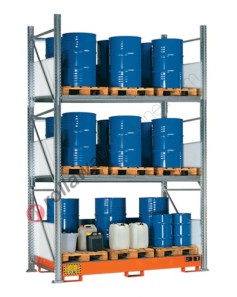 Gefahrstoffregal mit Auffangwanne für 24 Fässer 200 lt vertikal 3 Etagen