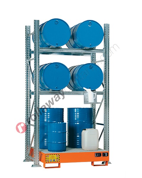 Gefahrstoffregal mit Auffangwanne für 4 Fässer 200 lt horizontal und 2 Fässer 200 lt vertikal