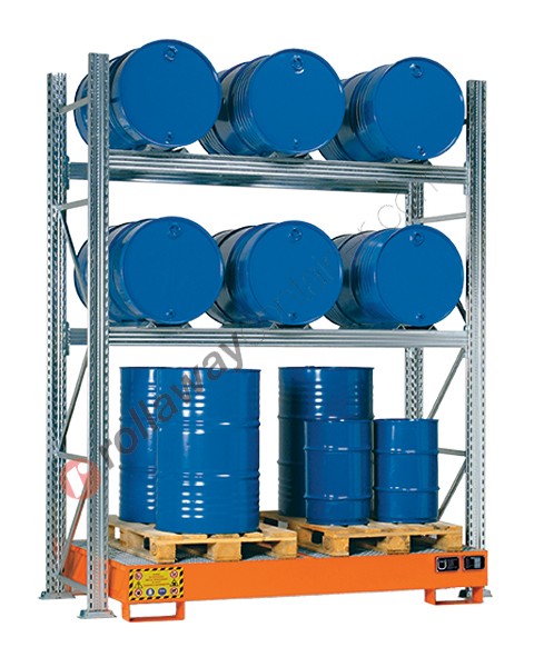 Gefahrstoffregal mit Auffangwanne für 6 Fässer 200 lt horizontal und 3 Fässer 200 lt vertikal