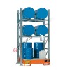 Gefahrstoffregal mit Auffangwanne für 4 Fässer 200 lt horizontal und 2 Fässer 200 lt vertikal