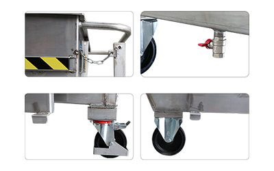 Einzelheiten Kippbehälter für Stapler mit 4 Rädern Kapazität 1000-1200-1800 kg aus rostfreier Stahl