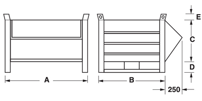 Maße Sichtlagerbehälter aus Blech mit Kufen an kurze Seite