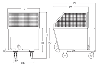 Maße Kippbehälter für Gabelstapler mit 4 Räder Großer kapazität 900-1000 kg