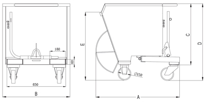 Maße Kippbehälter für Stapler Kompakt mit 4 Rädern und Kippsicherung Kapazität 600 kg