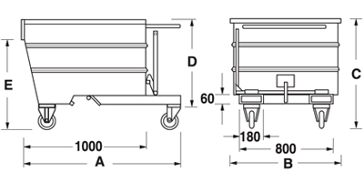 Maße Kippbehälter für Stapler mit 4 Rädern Kapazität 1000-1350-1700 kg